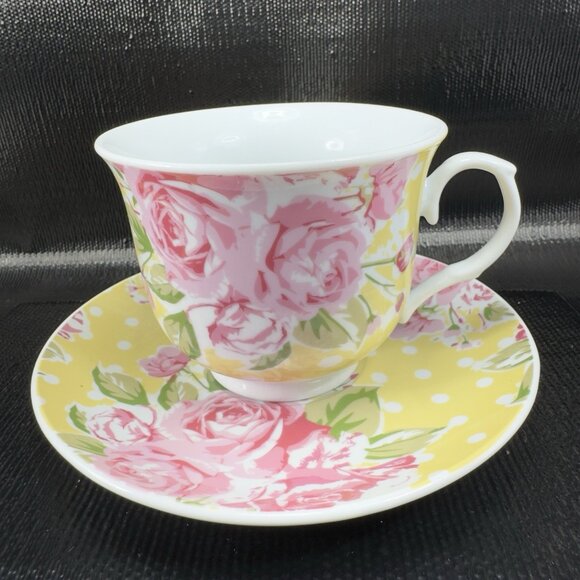Kent Pottery Fine Porcelain Teacup And Saucer Set Floral Pattern 12oz Yellow VTG - Picture 1 of 10